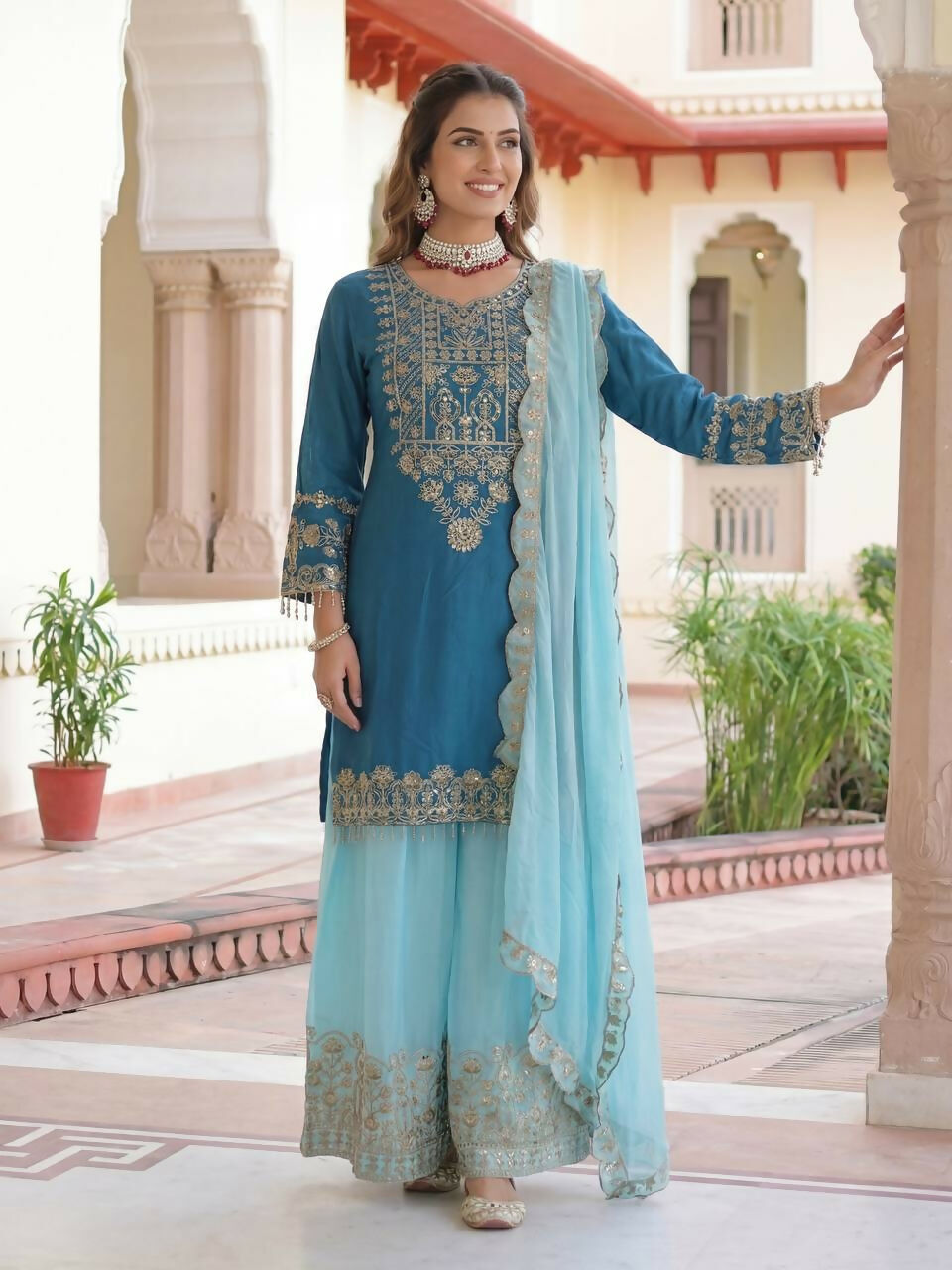 Blue Silk Embroidered Sharara Set for Traditional Occasions