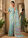Lightweight sky blue linen cotton saree with matching blouse