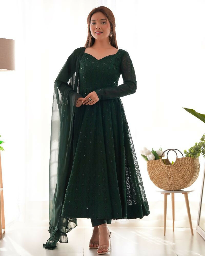 Green Georgette Kurta Set with Sequence Embroidery Work
