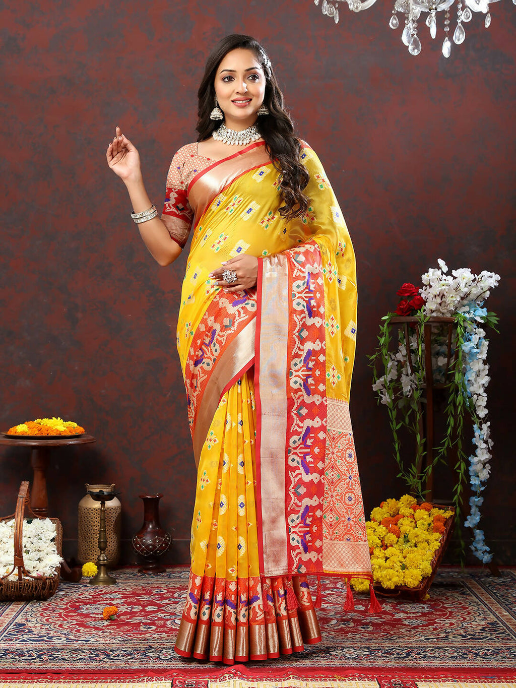 Yellow Organza Silk Saree with Zari Meenakari Weaving