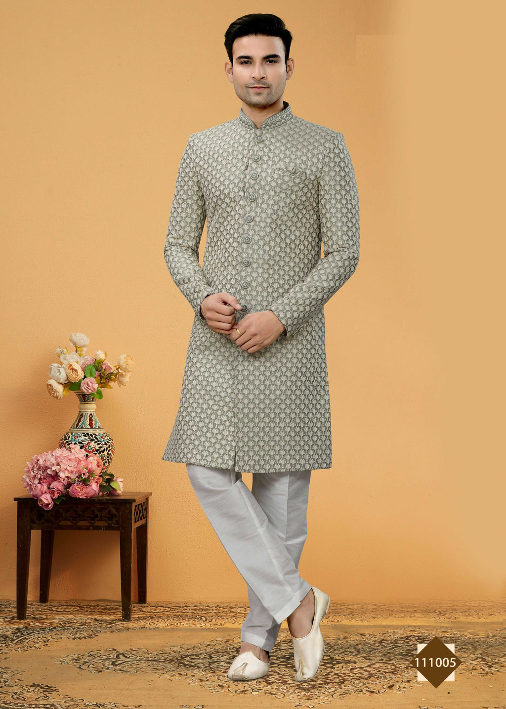 A toddler in a classic plain grey Super 66 kurta pyjama set