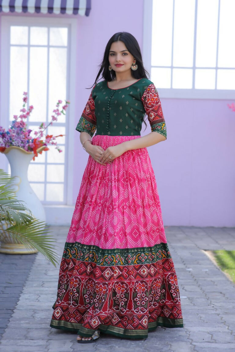Pink Patola Foil Print Dola Silk Anarkali Dress for Women