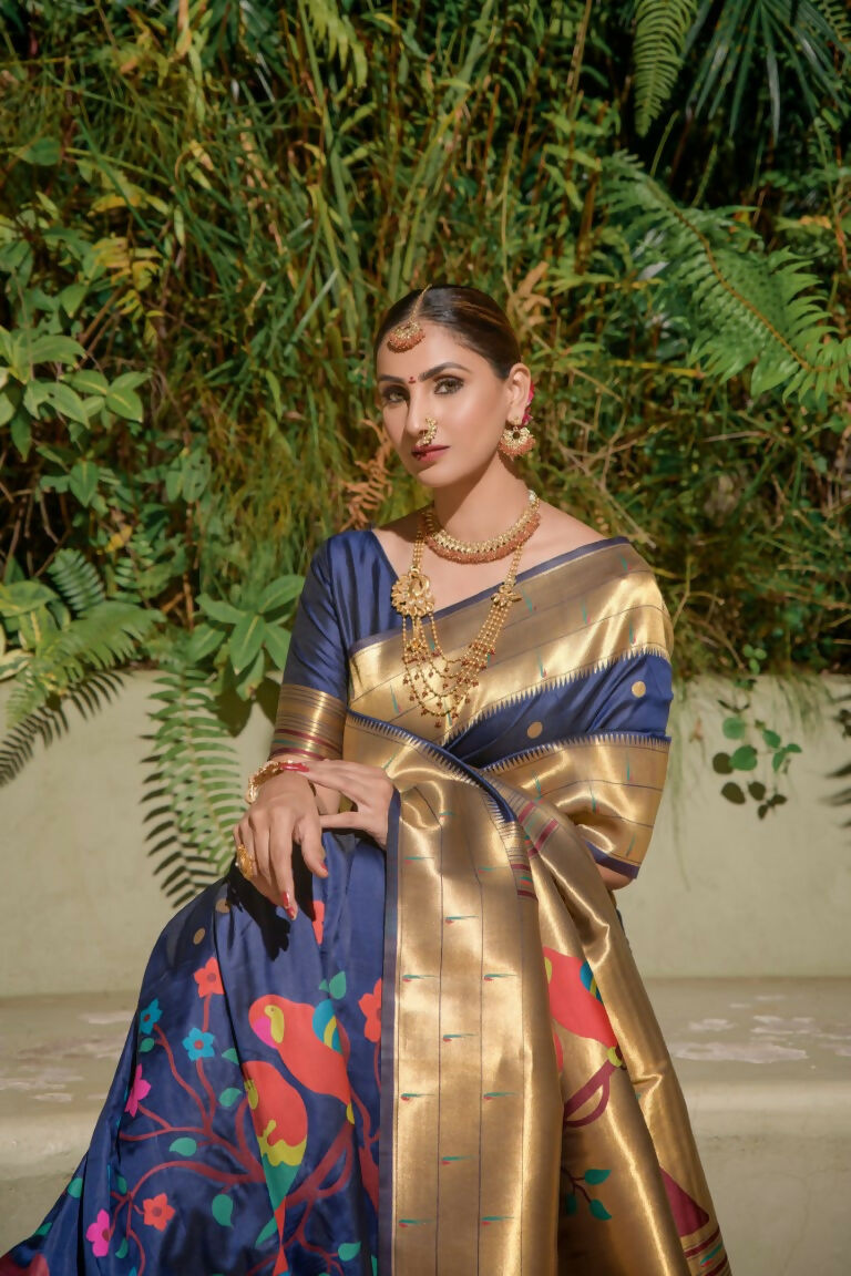 Navy Blue Paithani Silk Zari Woven Saree with Matching Blouse