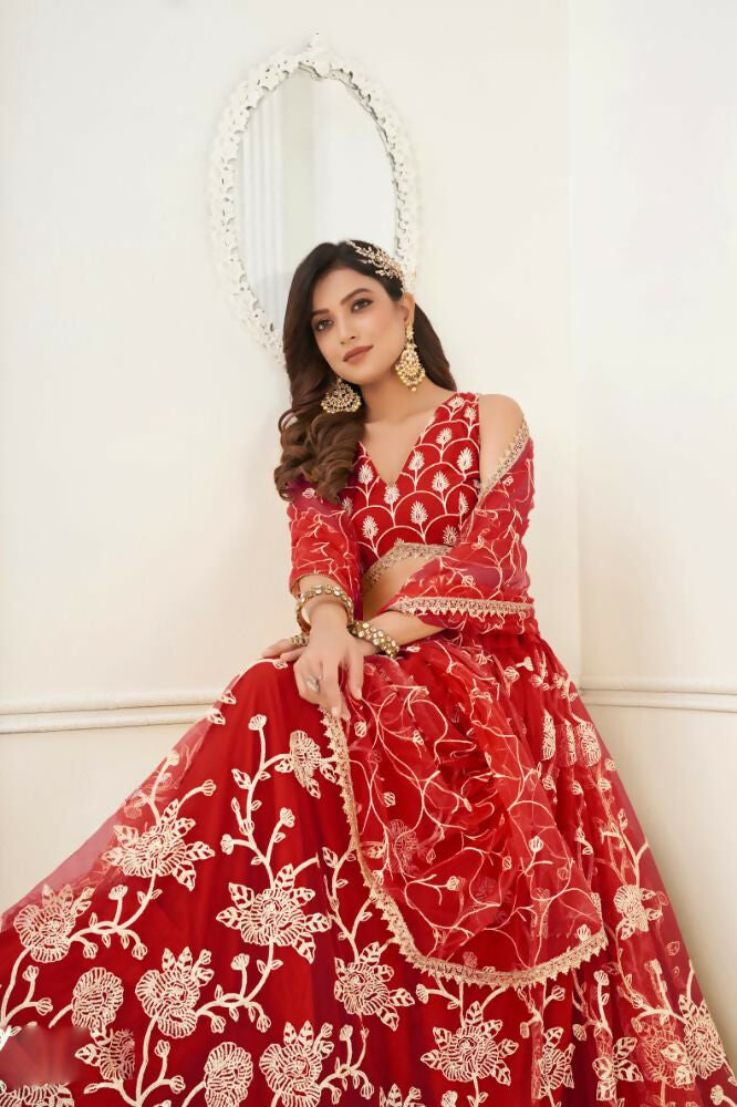 Red Butterfly Net Lehenga with White Cotton Thread and Sequence
