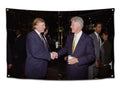 Navy and gold political parody flag featuring Bill Clinton and Donald Trump shaking hands.