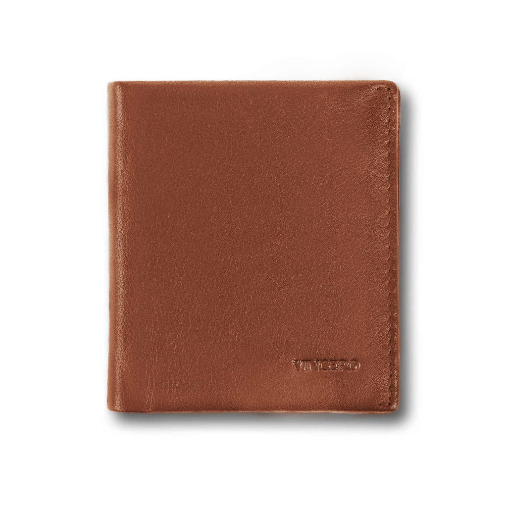 Top-grain Italian leather Billfold wallet in Saddle color showing interior card slots
