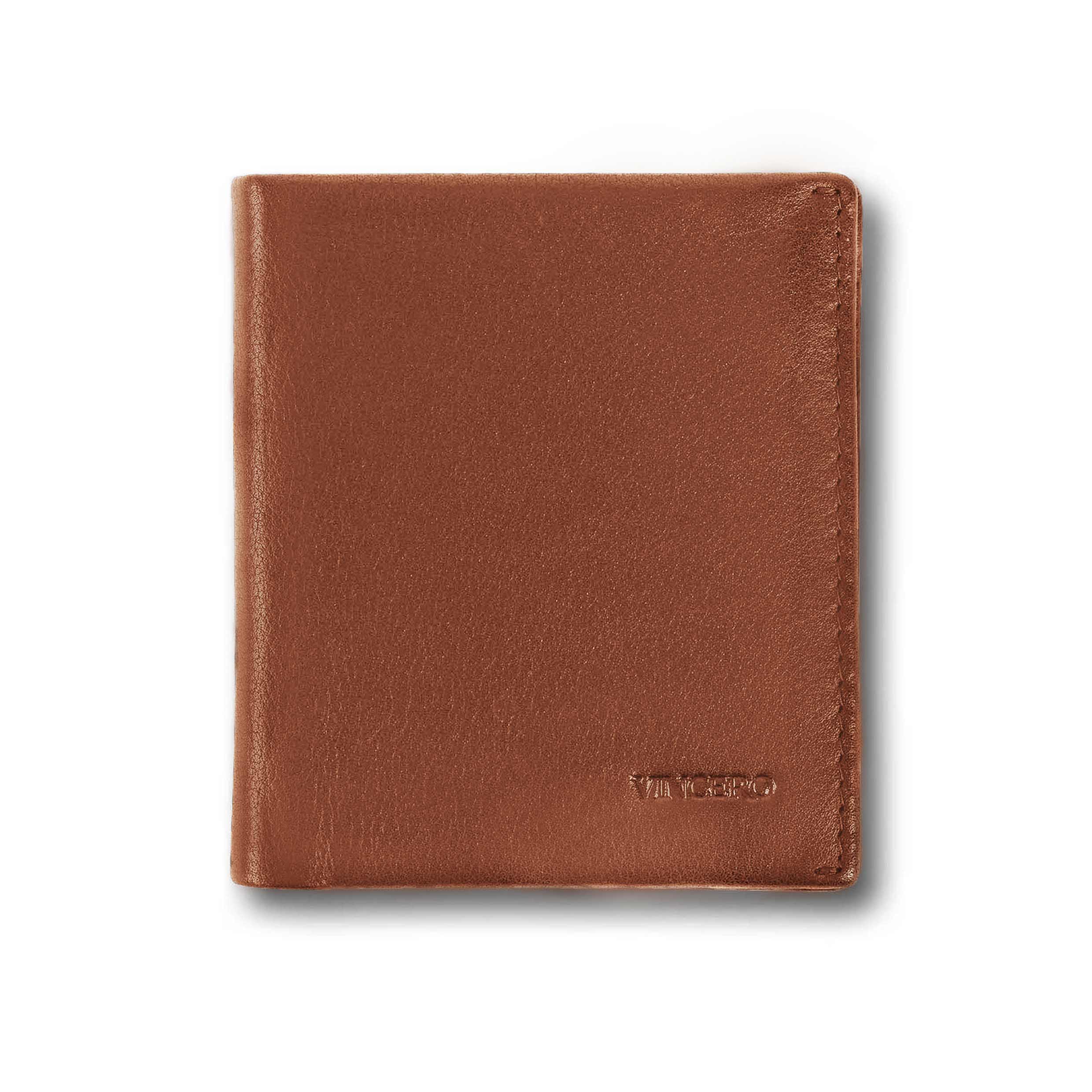 Top-grain Italian leather Billfold wallet in Saddle color showing interior card slots