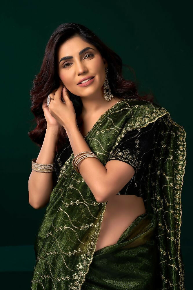 Green Net Party Wear Saree with Black Velvet Blouse
