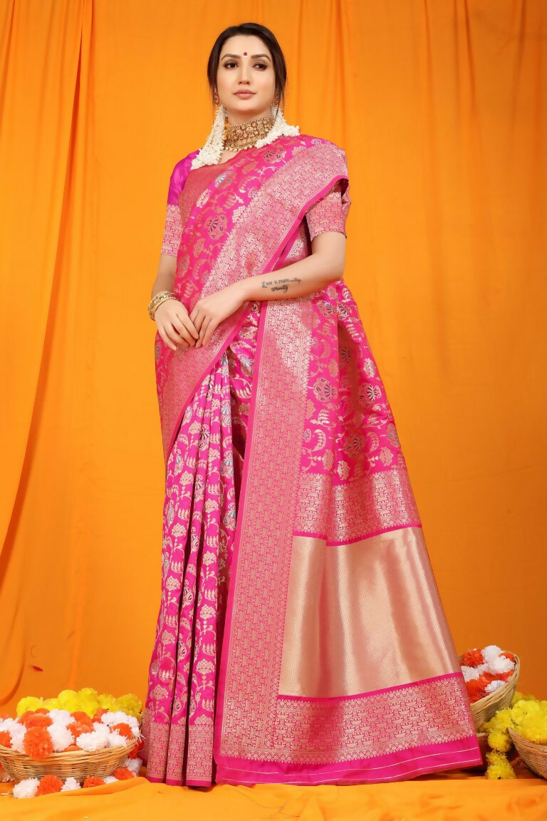 Rani Pink Kanjivaram Silk Zari Woven Saree with Matching Blouse