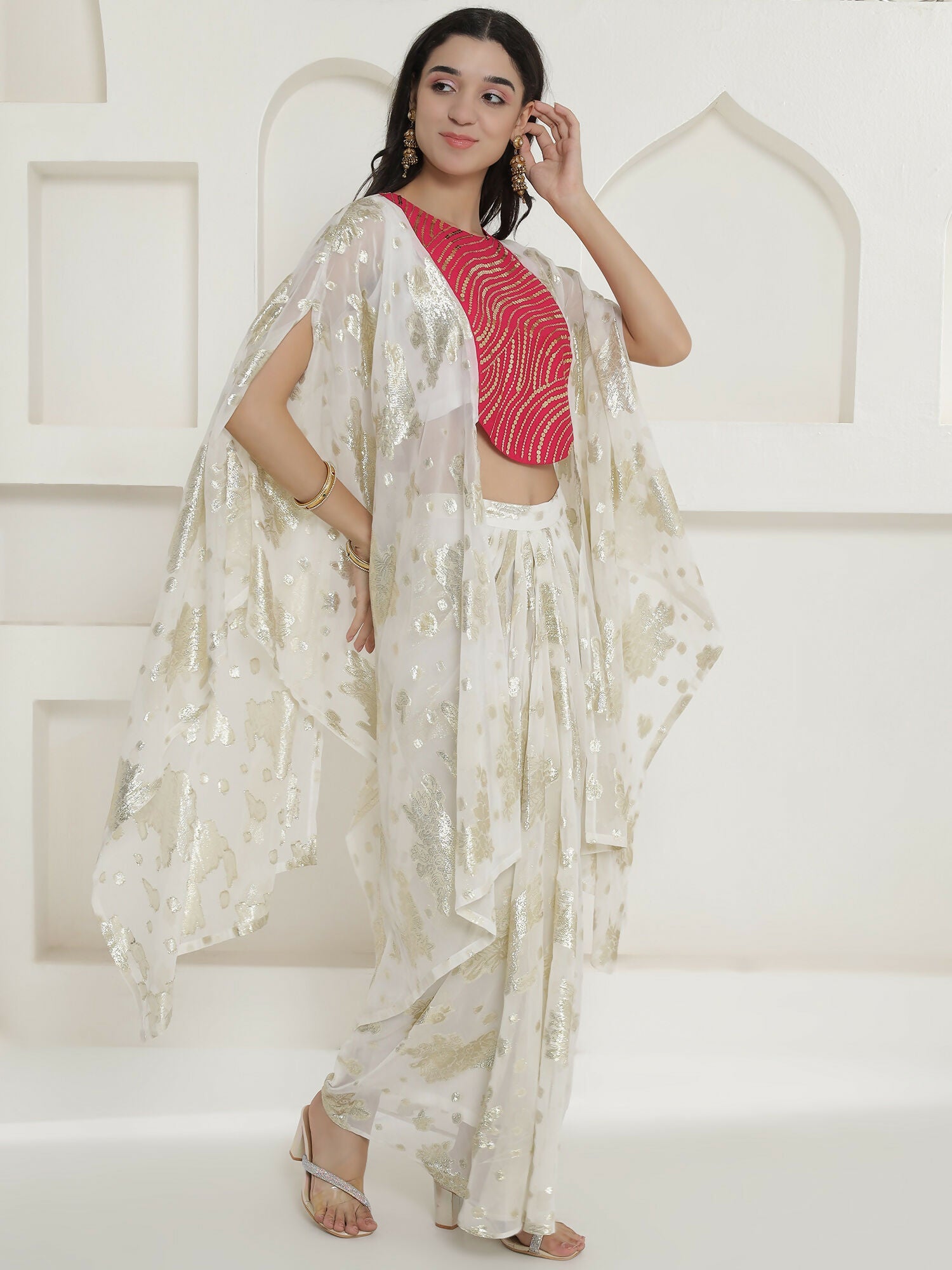 White & Pink Kaftaan with Skirt Set - Hand Embellished Chinnon
