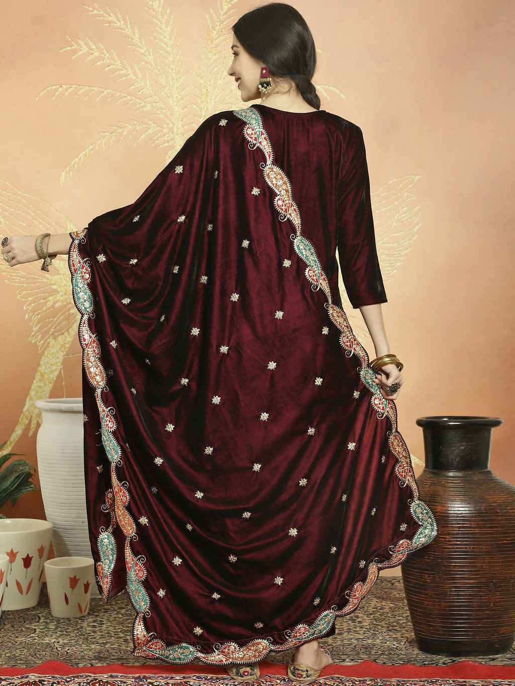 Maroon Velvet Straight Kurta Set with Cording, Resham & Sequin