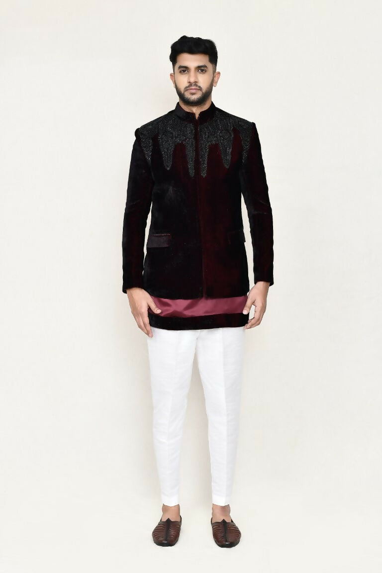 Men's Maroon Satin Silk Prince Coat, Kurta and Pant Set