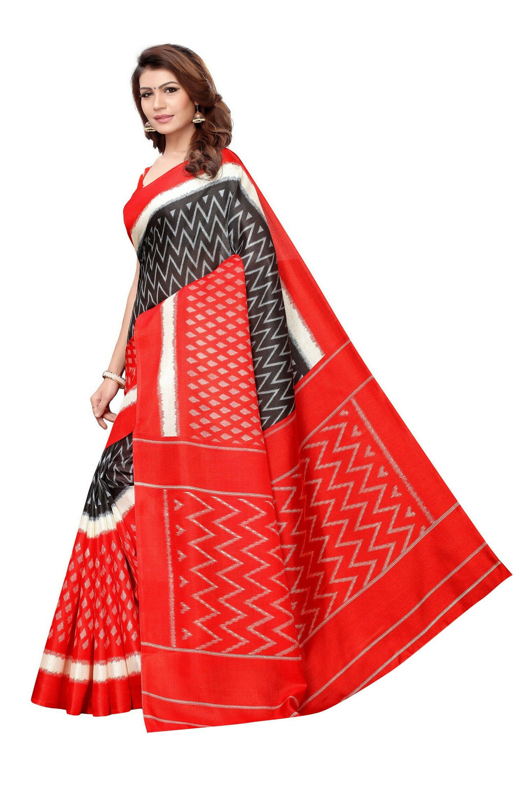 Red & Black Kalamkari Khadi Silk Saree with Jhalar Border