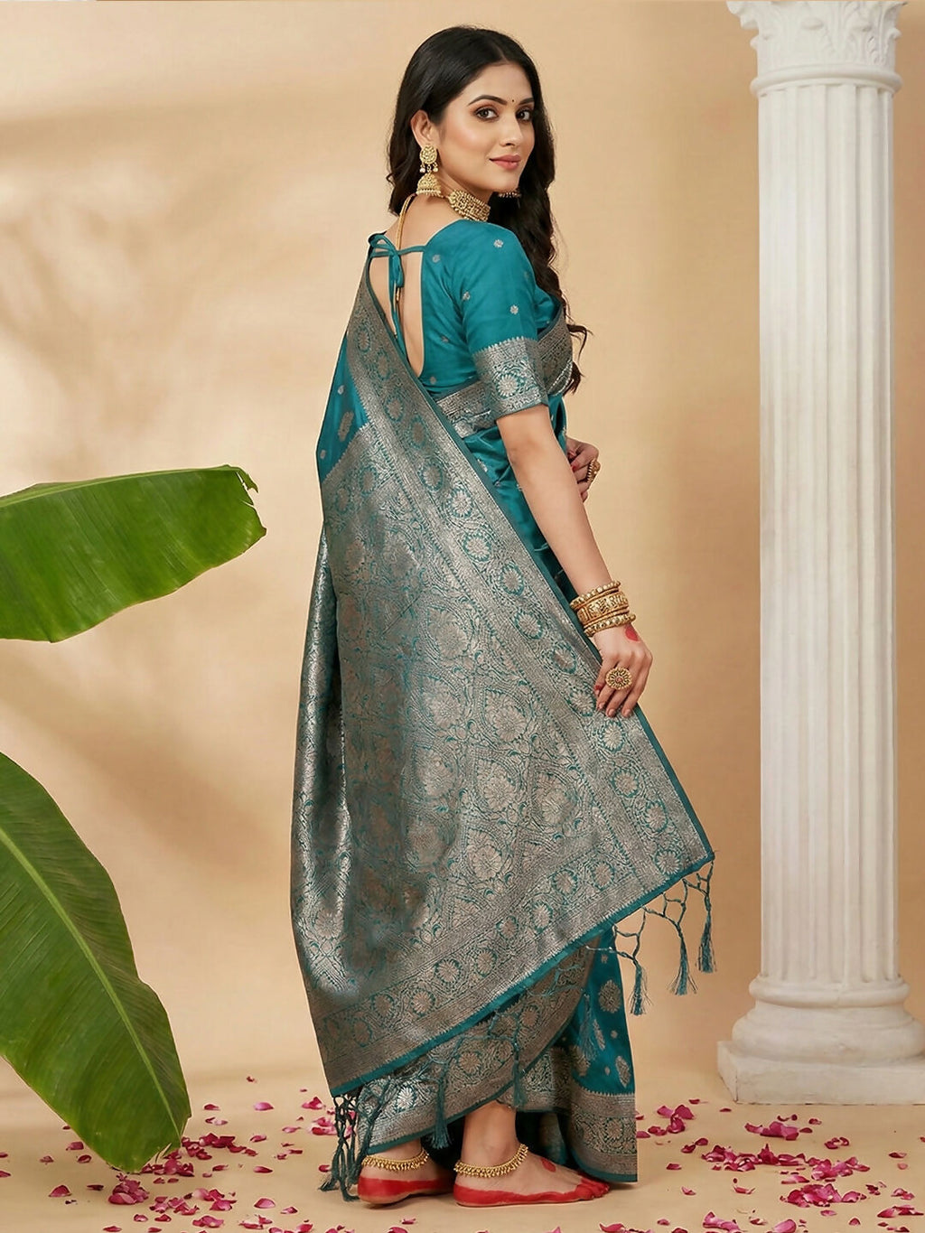 Sea Green Silk Blend Saree with Matching Blouse