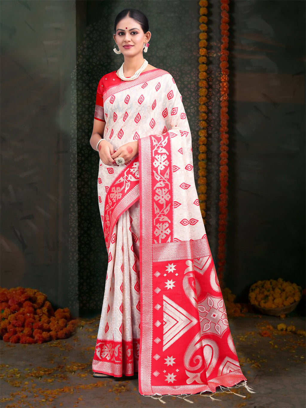 Devistuti Red and White Linen Cotton Saree with Blouse