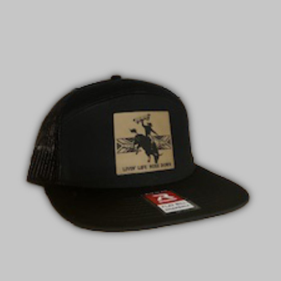 Bull Rider 7 Panel flat bill snapback hat in solid color available in black, brown, and beige.