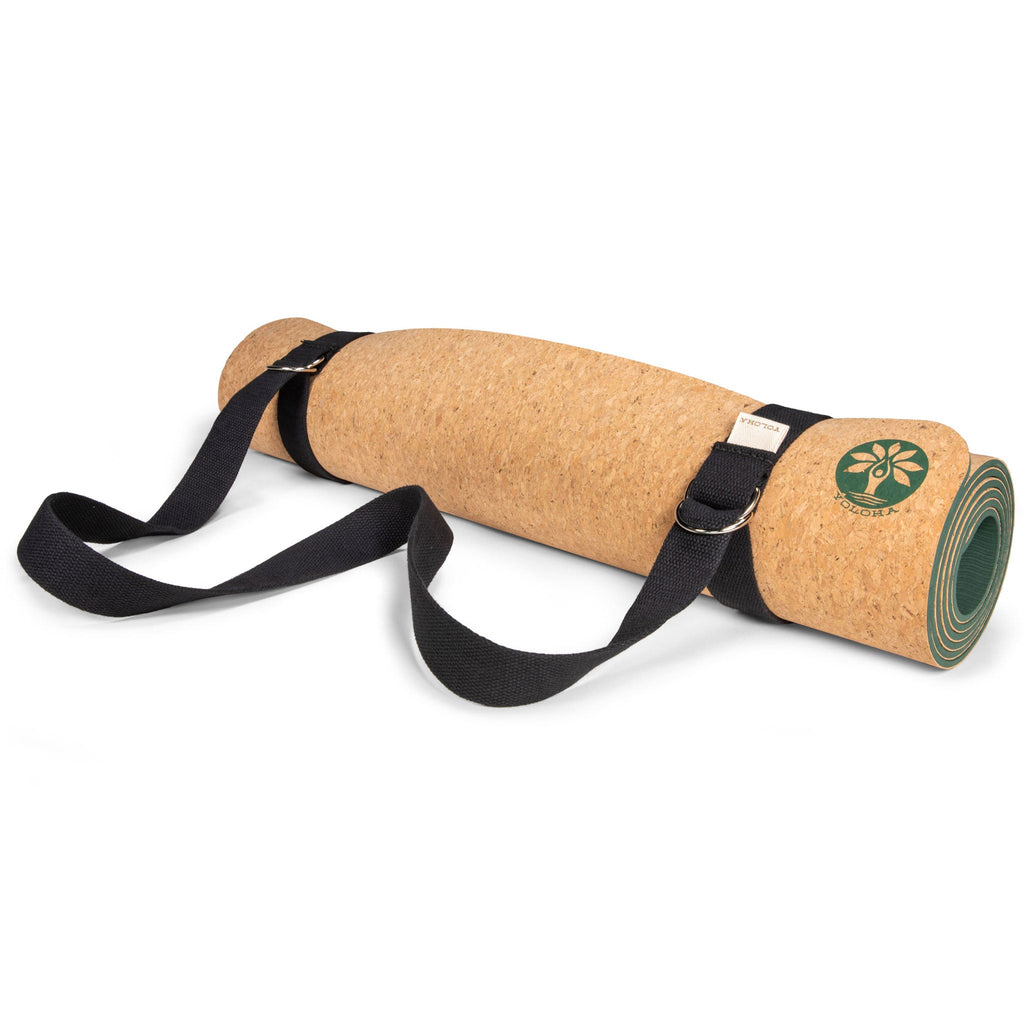 Black natural cotton yoga mat sling with dual d-rings laying flat