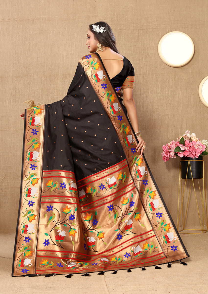 Black Soft Paithani Silk Saree with Rich Zari Meenakari Weaving