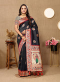 Black Soft Paithani silk saree with detailed Meenakari Zari pallu