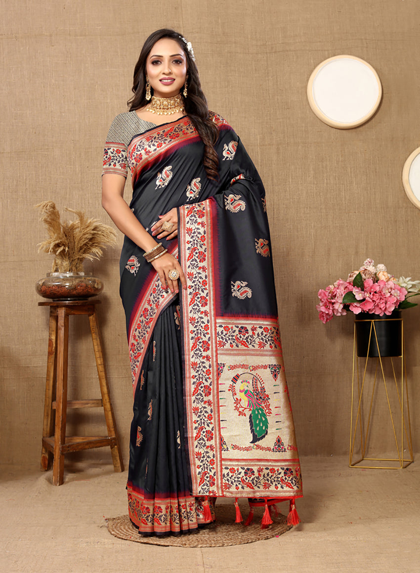 Black Soft Paithani silk saree with detailed Meenakari Zari pallu