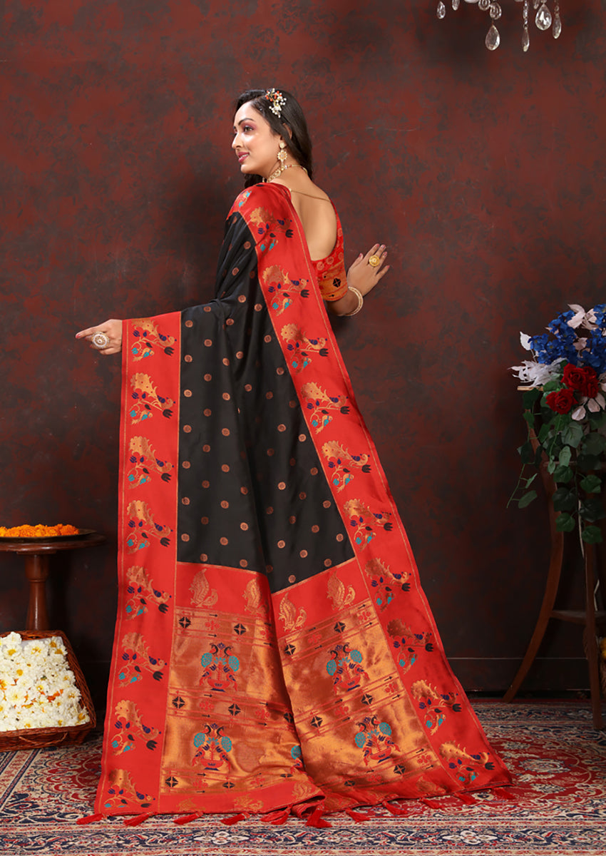 Black Soft Paithani Silk Saree with Rich Zari Meenakari Work