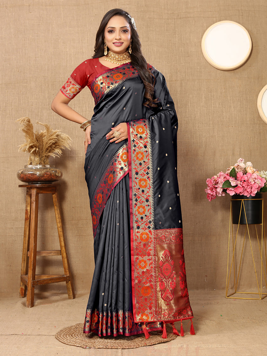 Black soft Paithani silk saree with Meenakari Zari pallu