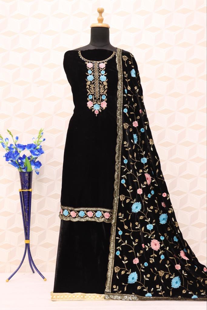 Lorenvalley Fashion Women Black Velvet Embroidered Salwar Suit Material