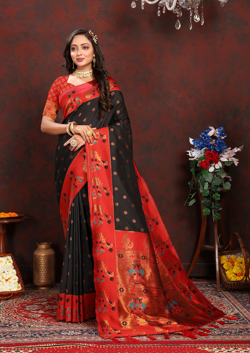 Black Soft Paithani Silk Saree with Rich Zari Meenakari Work
