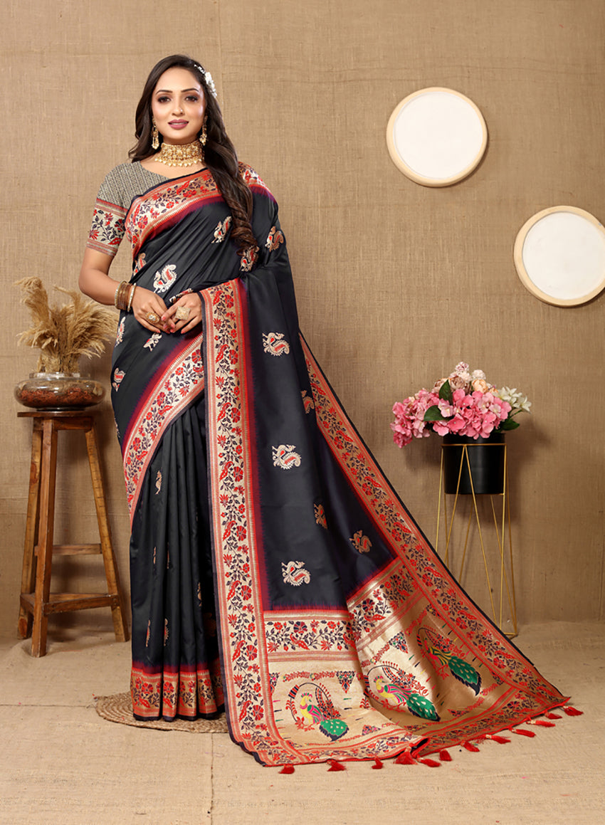 Black Soft Paithani Silk Saree with Meenakari Zari Pallu