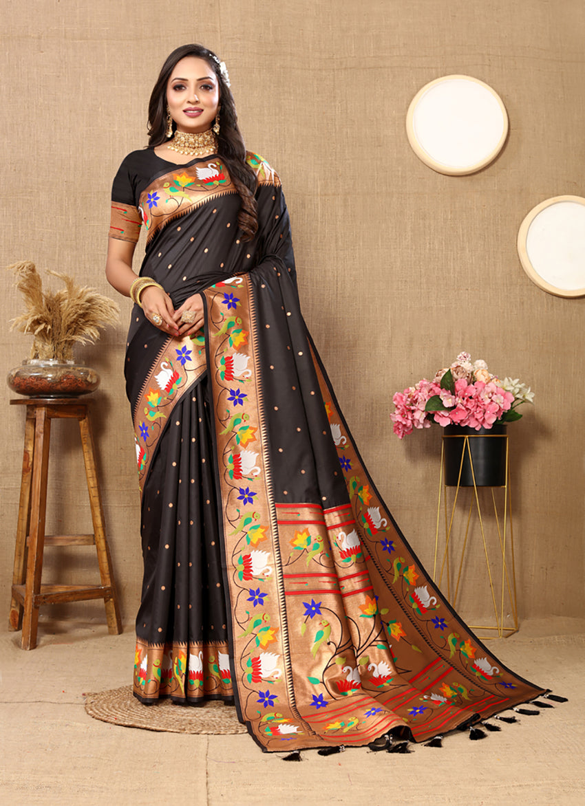 Black Soft Paithani Silk Saree with Rich Zari Meenakari Weaving