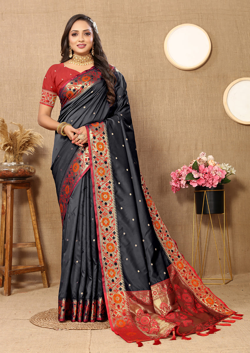 Black Soft Paithani Silk Saree with Meenakari Zari Pallu