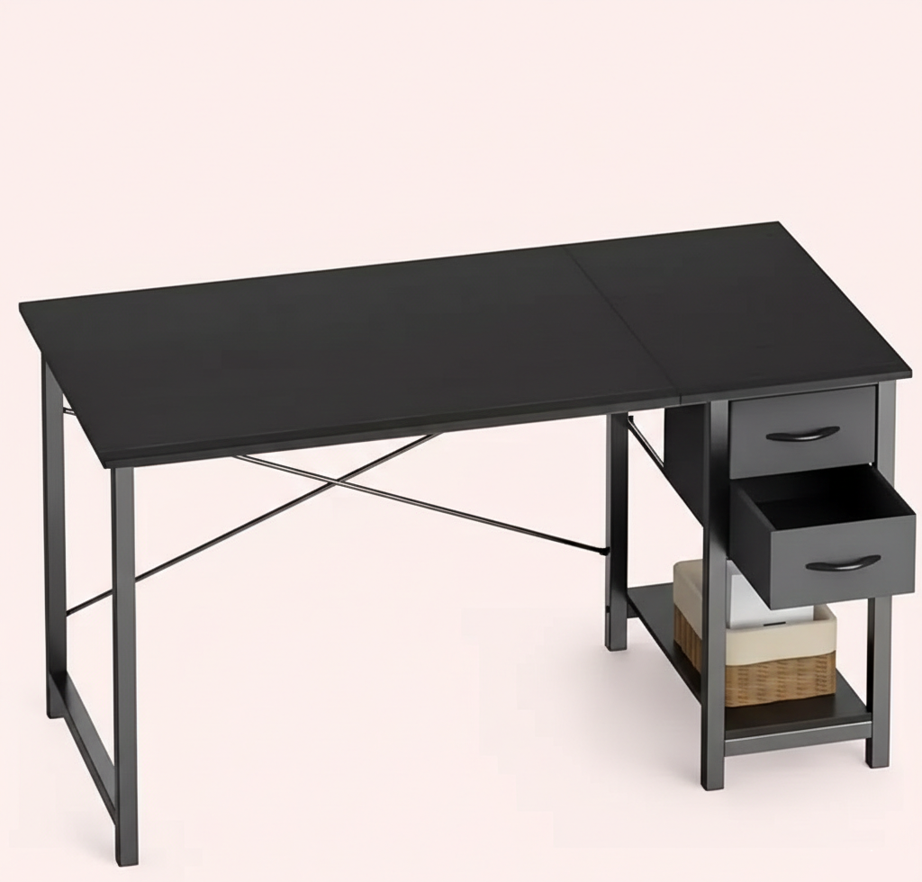 Modern Industrial Computer Desk with Fabric Storage Drawers