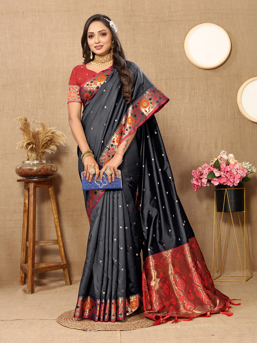 Black Soft Paithani Silk Saree with Meenakari Zari Pallu