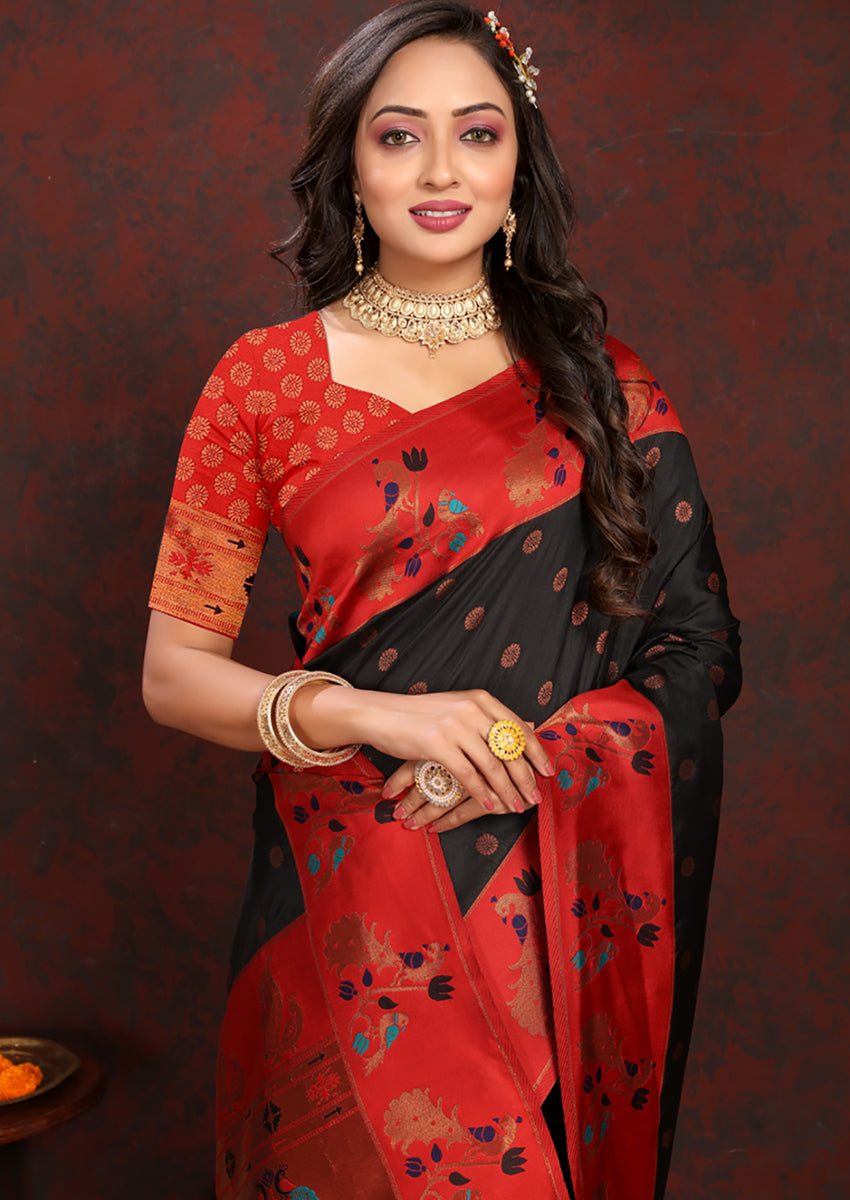 Black Soft Paithani Silk Saree with Rich Zari Meenakari Work