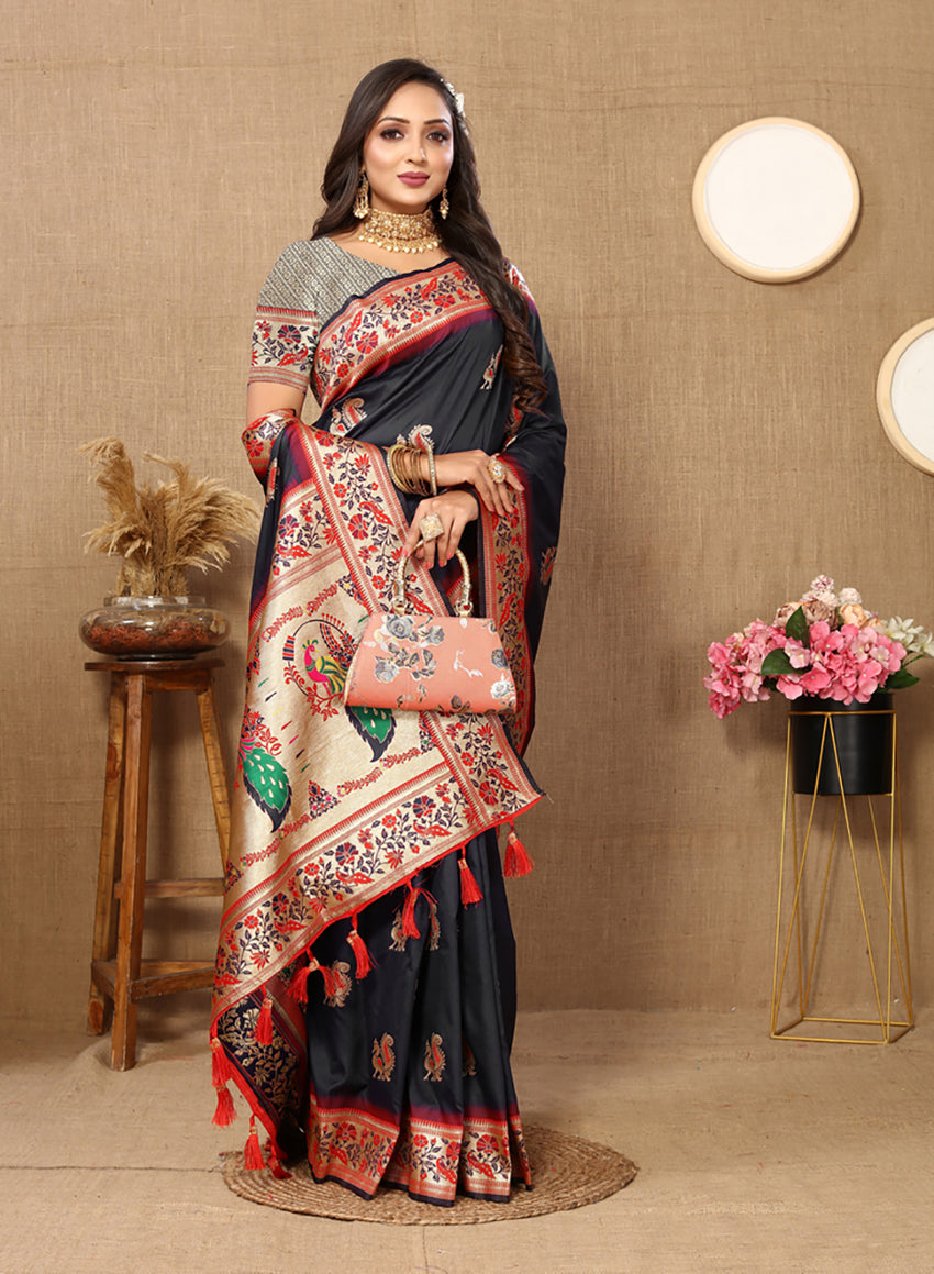 Black Soft Paithani Silk Saree with Meenakari Zari Pallu