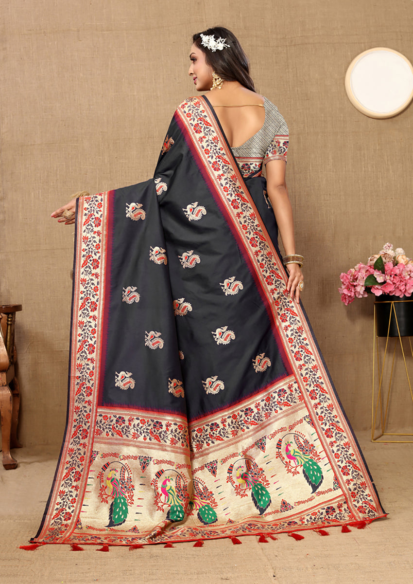 Black Soft Paithani Silk Saree with Meenakari Zari Pallu