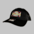 Western-themed patch trucker hat with geometric pattern and snapback closure