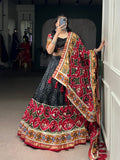 Lorenvalley Fashion Black Tasar Silk Print with Foil Work and Real Mirror Gamthi Work with Lace Touch Up Lehenga Choli with Dupatta