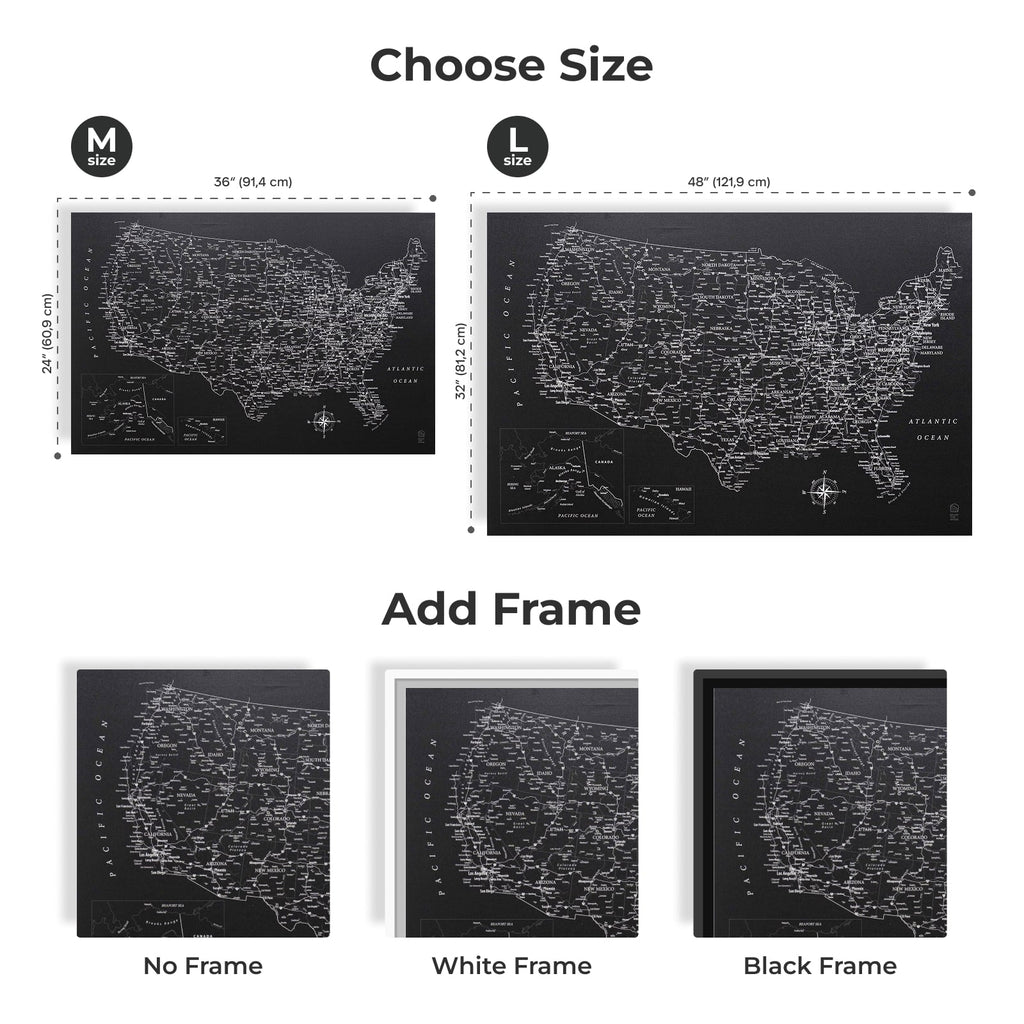 Black Wooden USA Map Canvas Wall Art for Travel Push Pins