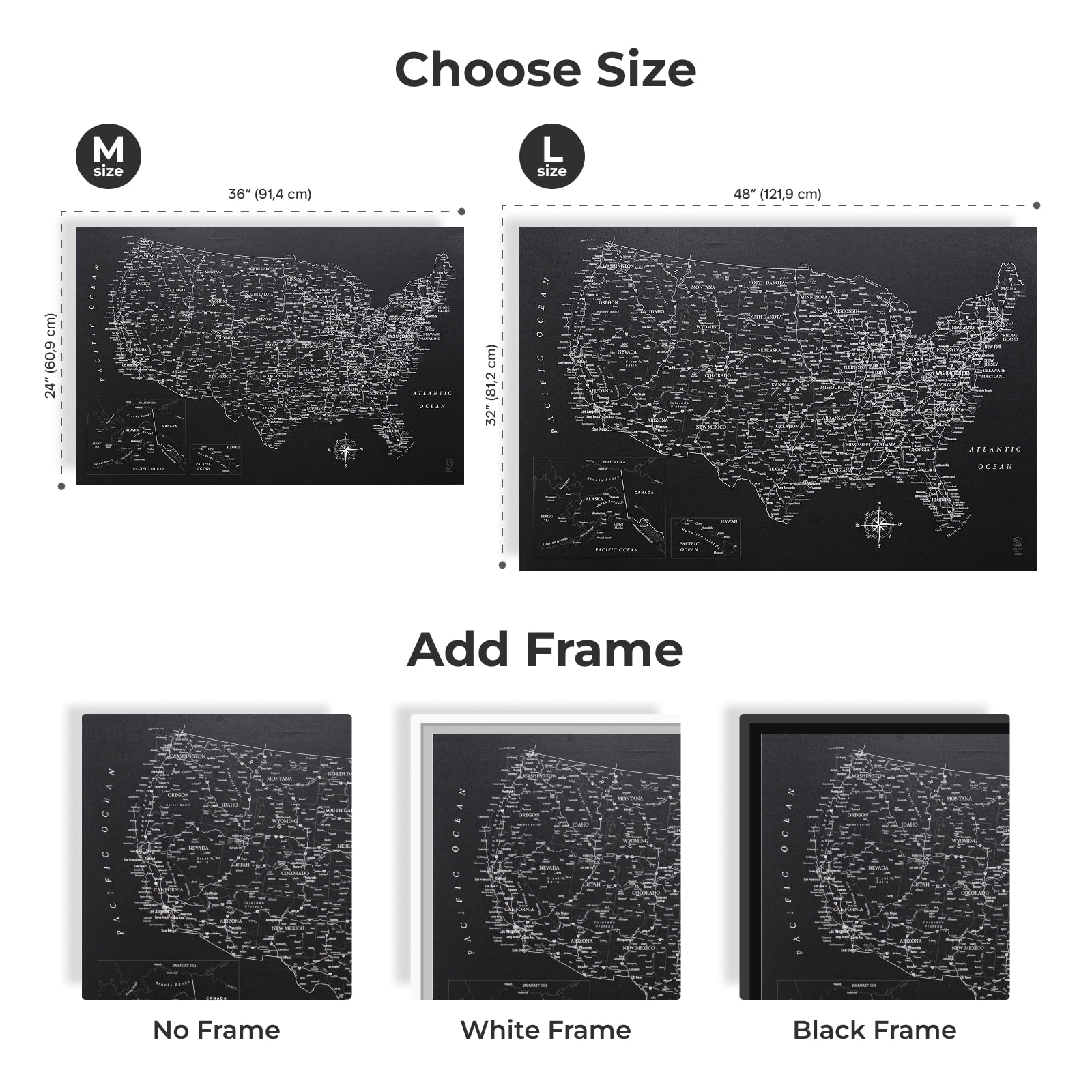 Black Wooden USA Map Canvas Wall Art for Travel Push Pins
