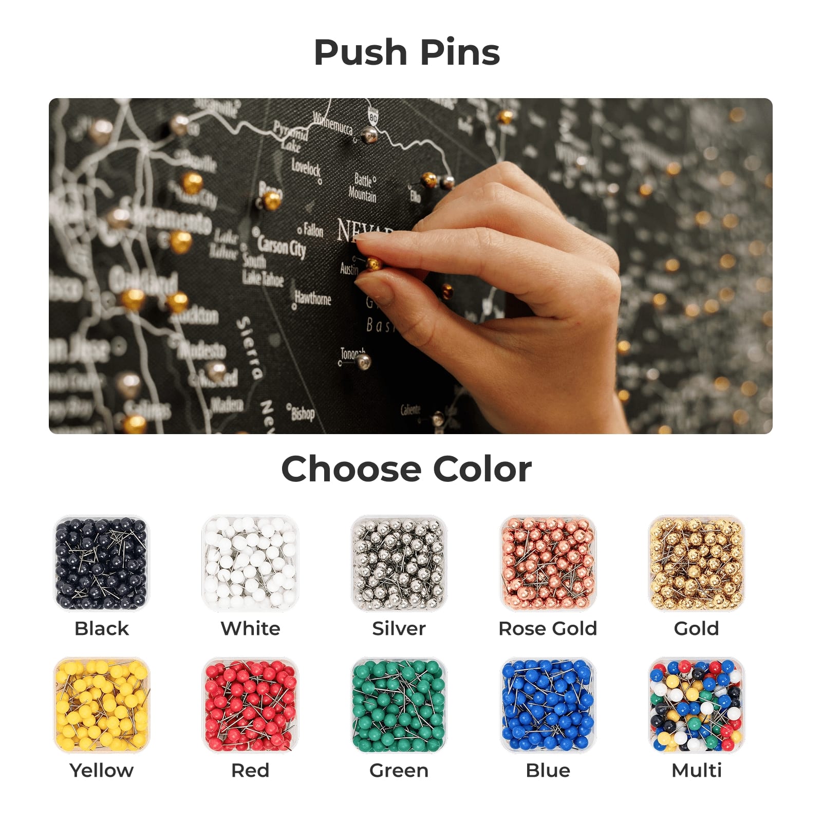 Black Wooden USA Map Canvas Wall Art for Travel Push Pins
