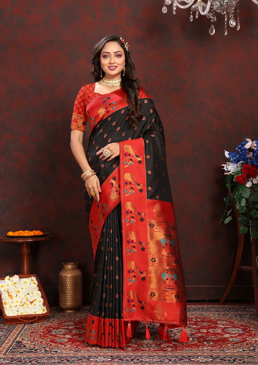 Black Soft Paithani Silk Saree with rich zari meenakari weaving detail