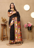 Black Soft Paithani Silk Saree with rich zari Meenakari detail and matching blouse fabric