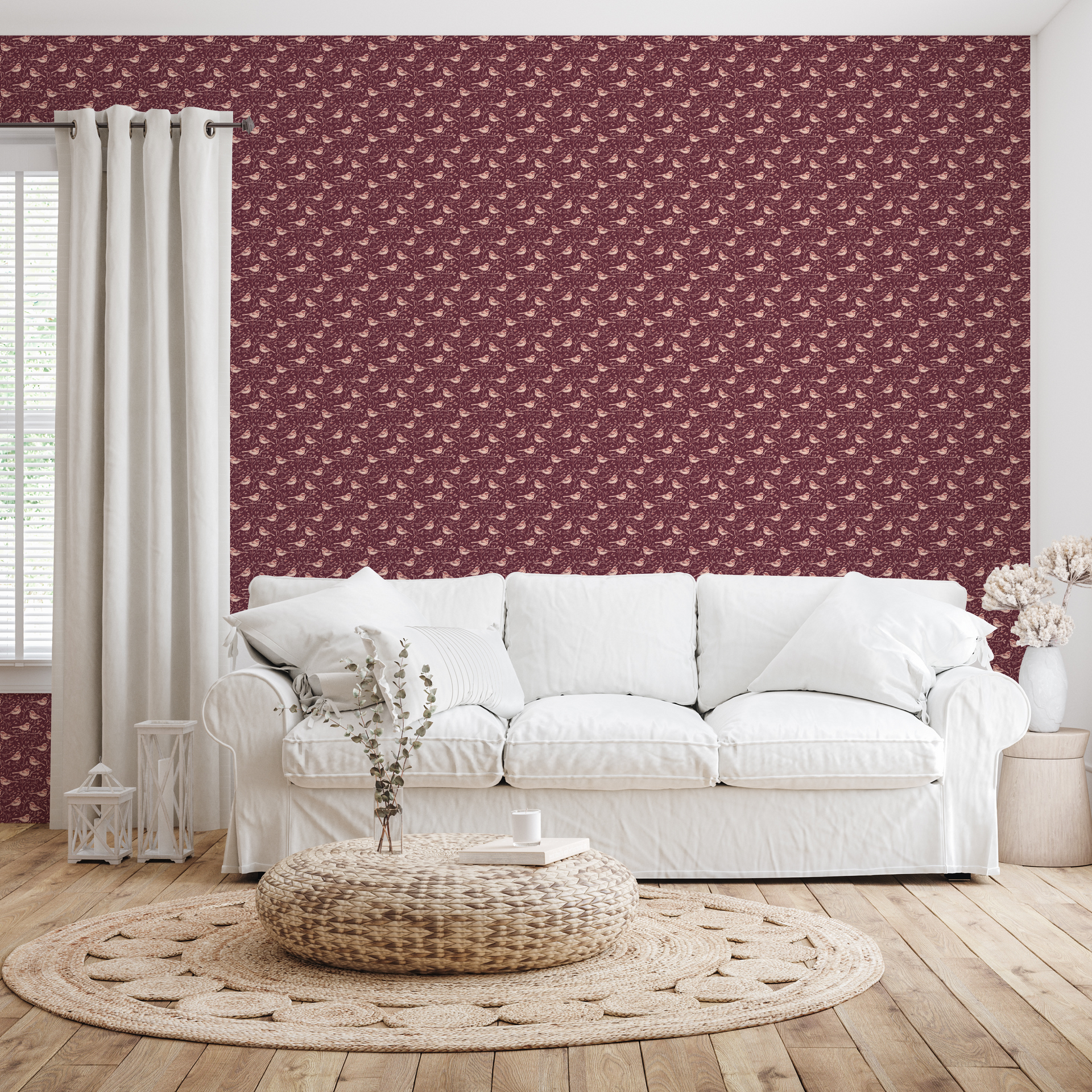 Blair wallpaper with nature-inspired pattern in burgundy and beige tones