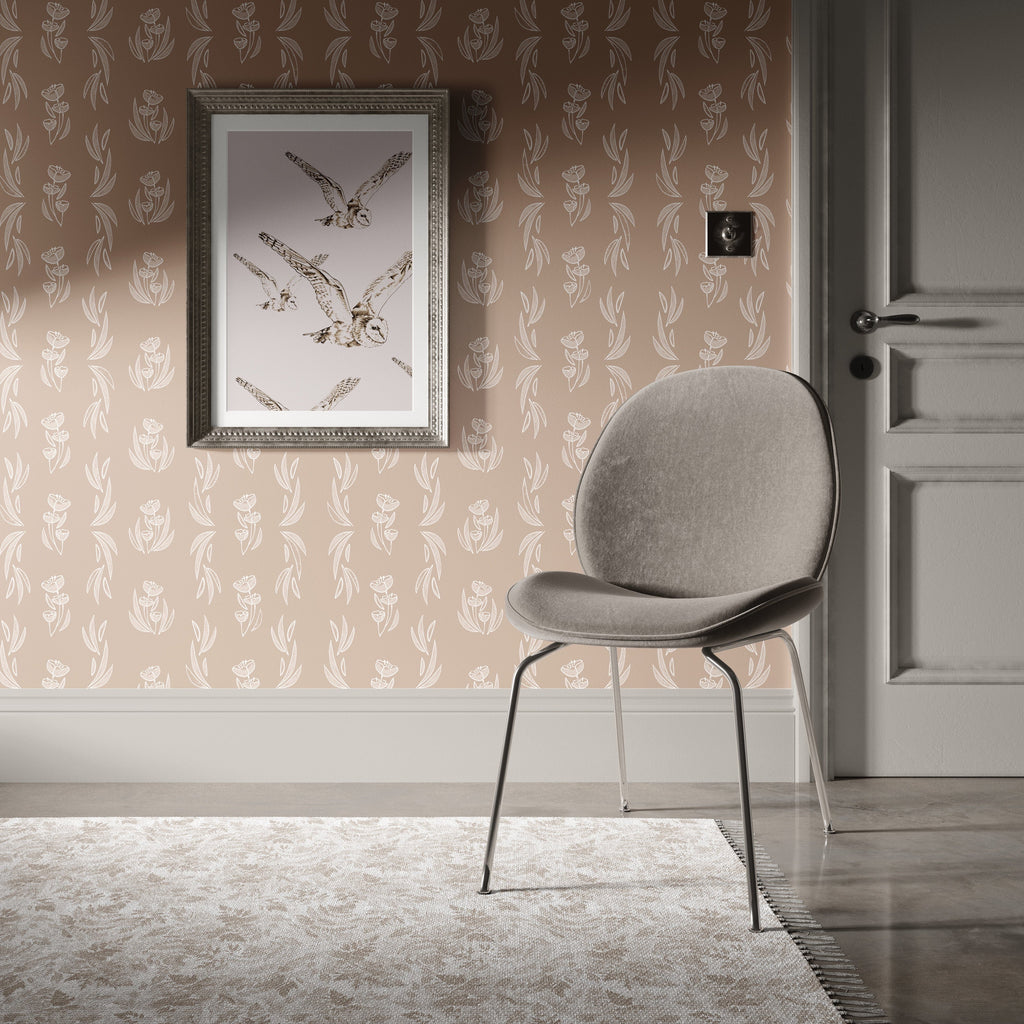 Ambrose botanical wallpaper featuring blush pink and gold floral patterns