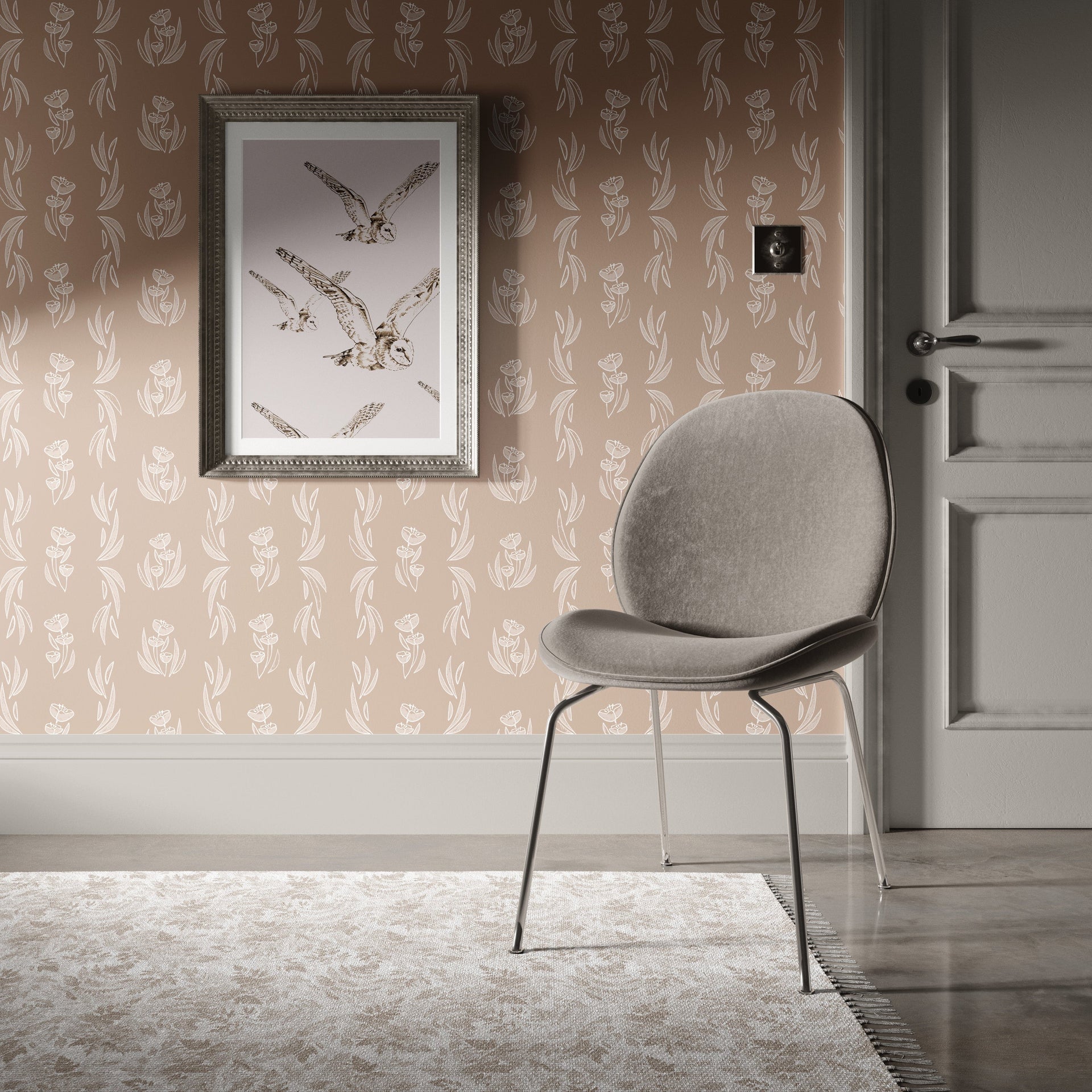 Ambrose botanical wallpaper featuring blush pink and gold floral patterns