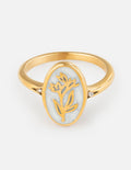 Bloom Again Enamel Ring in polished gold with white floral enamel and a central round crystal on a delicate band.