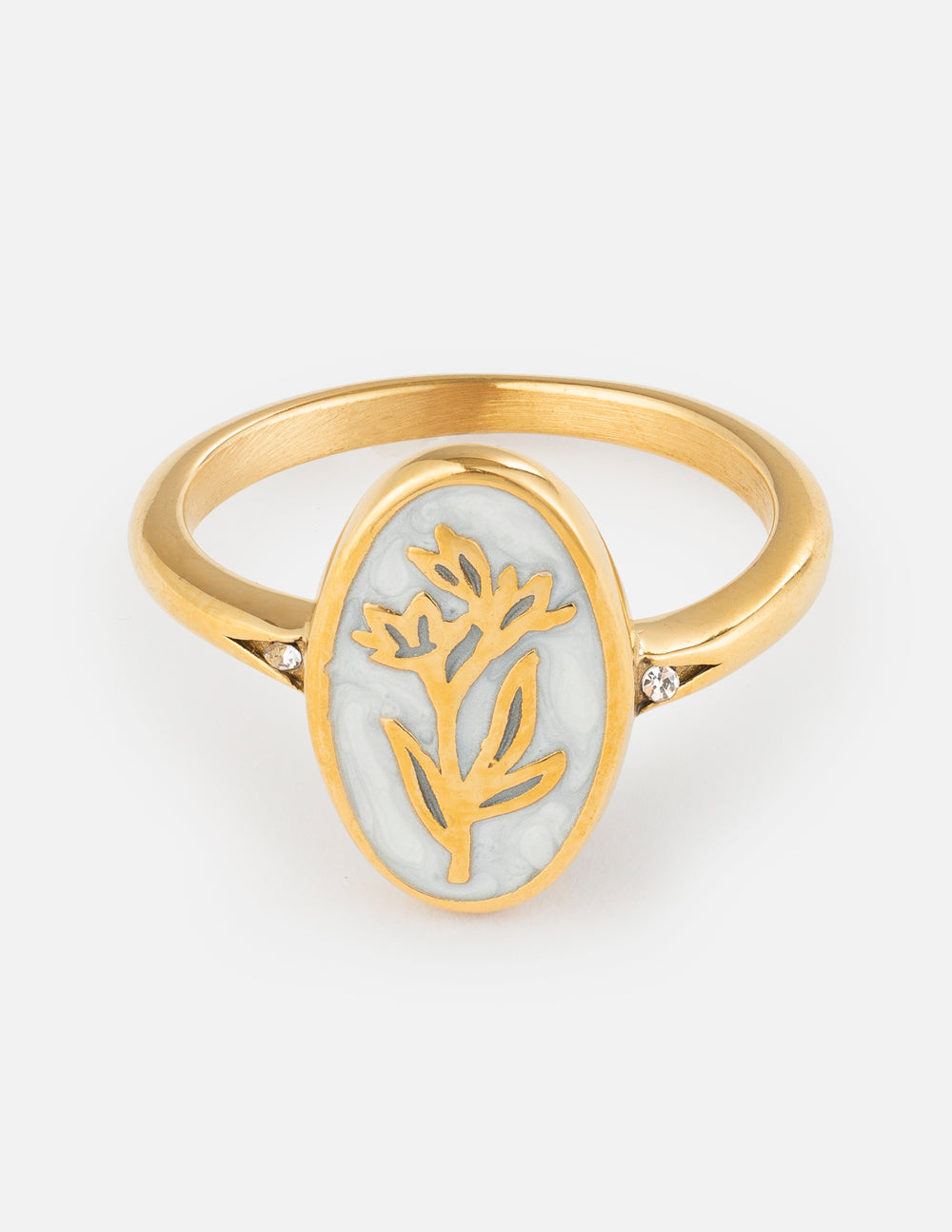 Bloom Again Enamel Ring in polished gold with white floral enamel and a central round crystal on a delicate band.