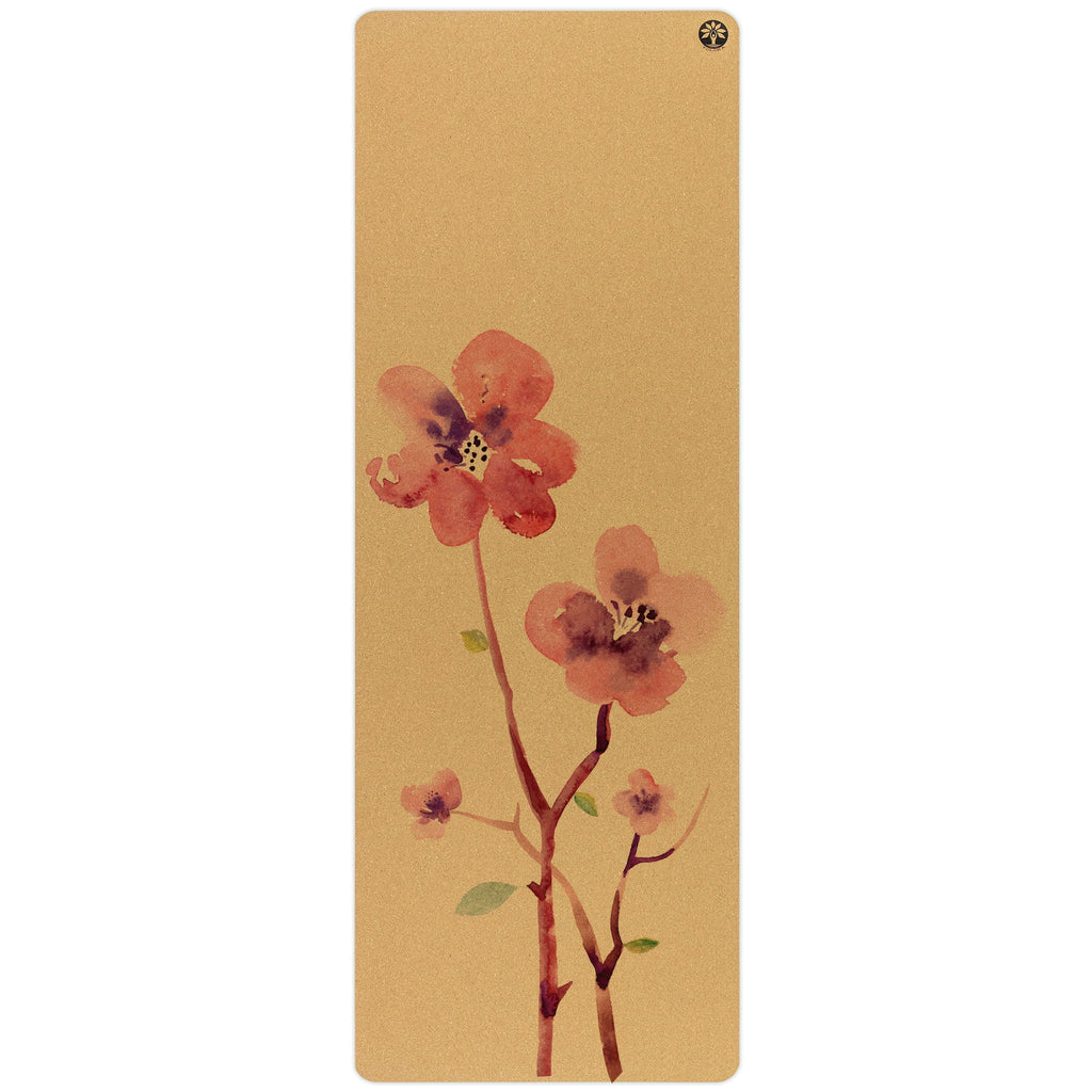 Blossom Aura cork yoga mat with floral pattern in cork and forest-green colors