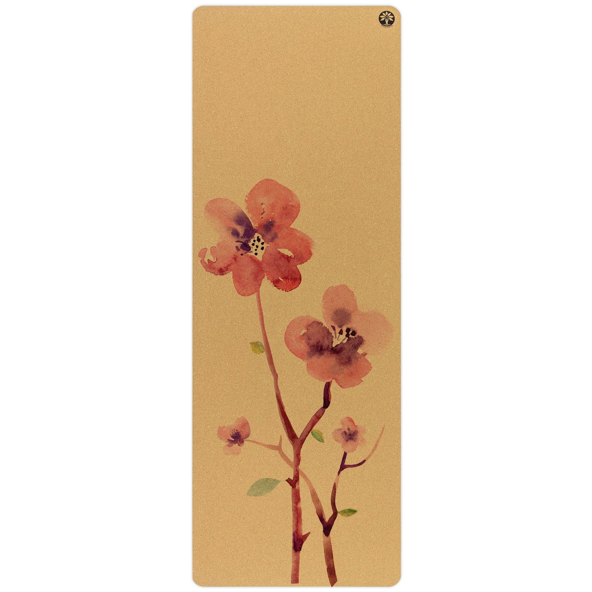 Blossom Aura cork yoga mat with floral pattern in cork and forest-green colors
